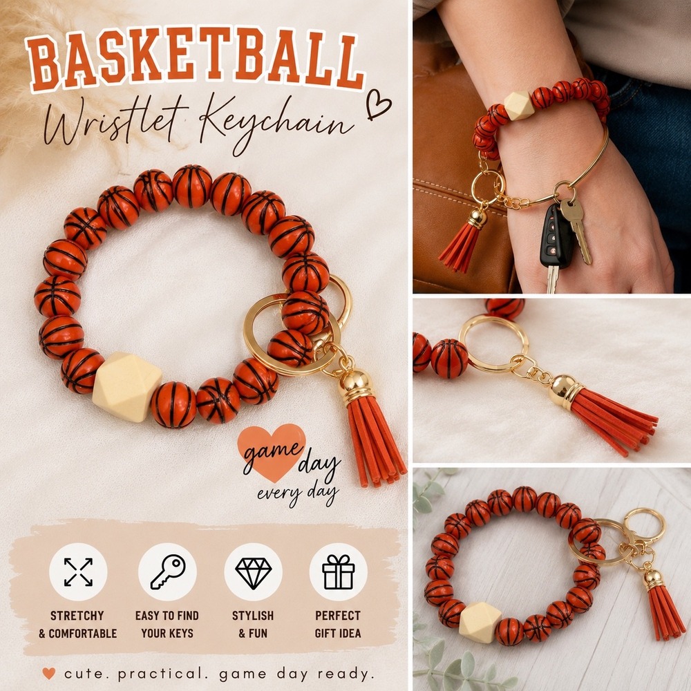 Basketball Elastic Wristlet Keychain Orange Beaded Tassel Key Ring Charm